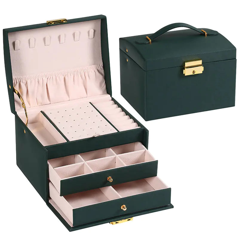 Minimalist 3-Tier Leather Jewelry Box with Lock