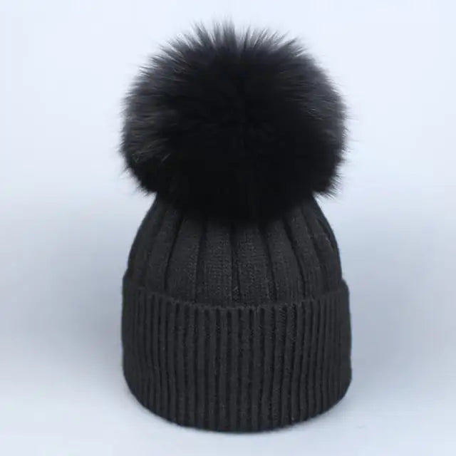 Warm Fox Fur Winter Hat with Ball for Women and Girls