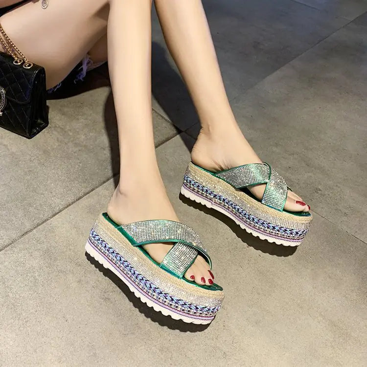 Rhinestone Waterproof Platform Toe Women's Slippers