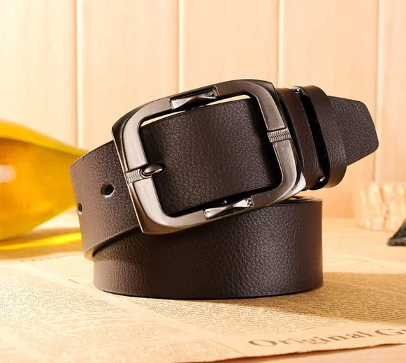 Black Leather Belt with Brown Buckle for Men