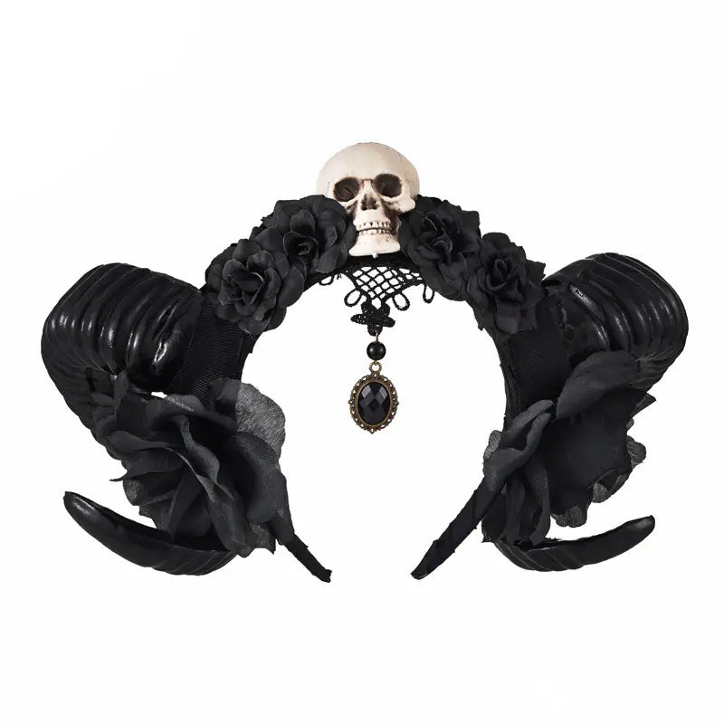 Gothic Black Flower Skull Horn Headband DIY Accessory