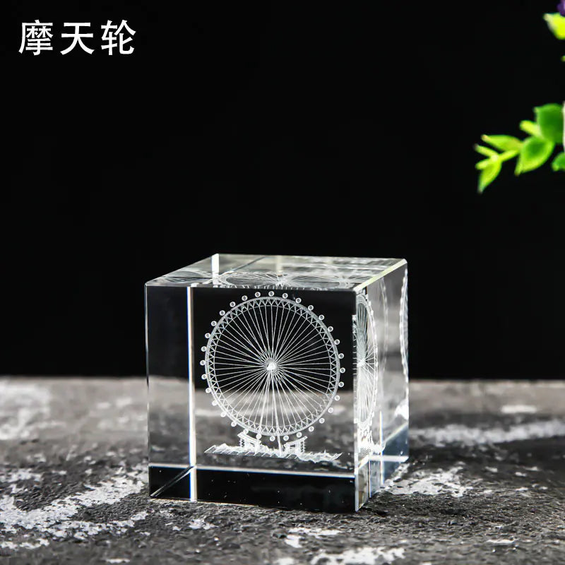 Crystal Cube with Inner Carving of Moon and Clouds