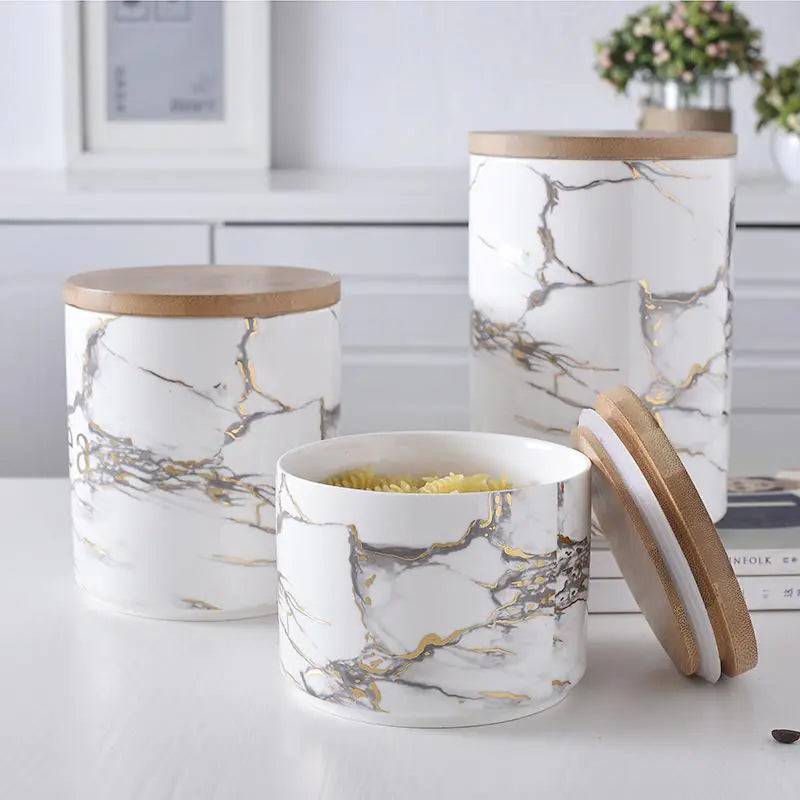 Nordic Marble Pattern Ceramic Storage Jar with Lid