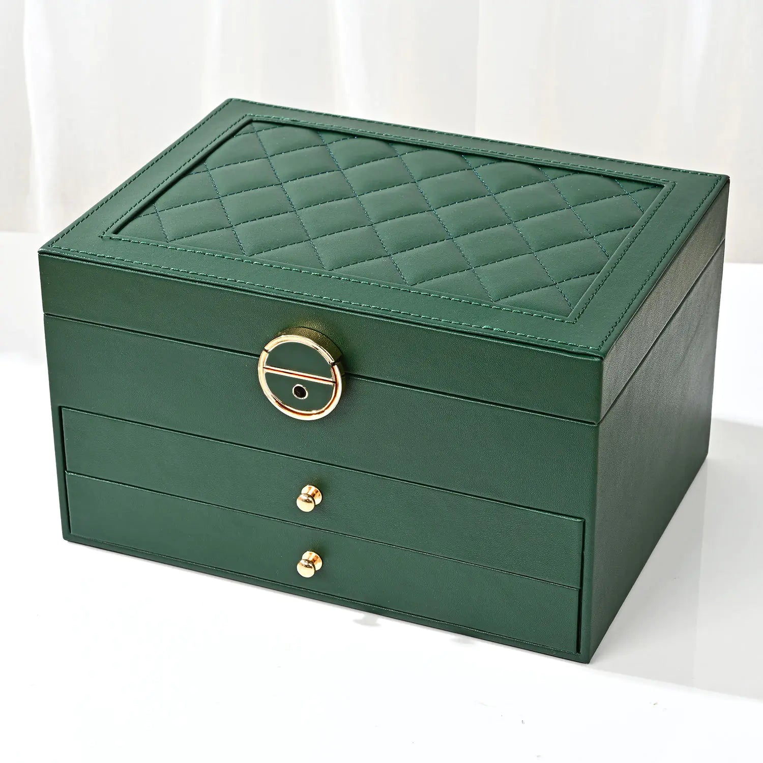 Luxury Diamond Pattern 3-Layer Jewelry Box with Lock