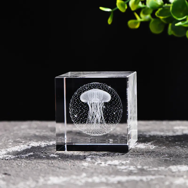 Crystal Cube with Inner Carving of Moon and Clouds