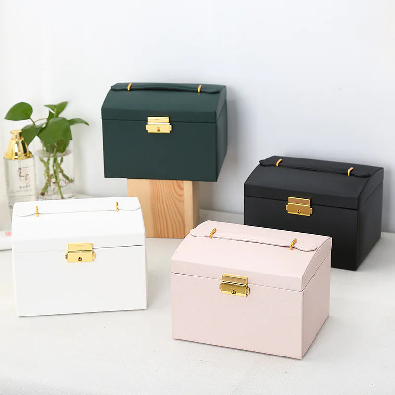 Minimalist 3-Tier Leather Jewelry Box with Lock
