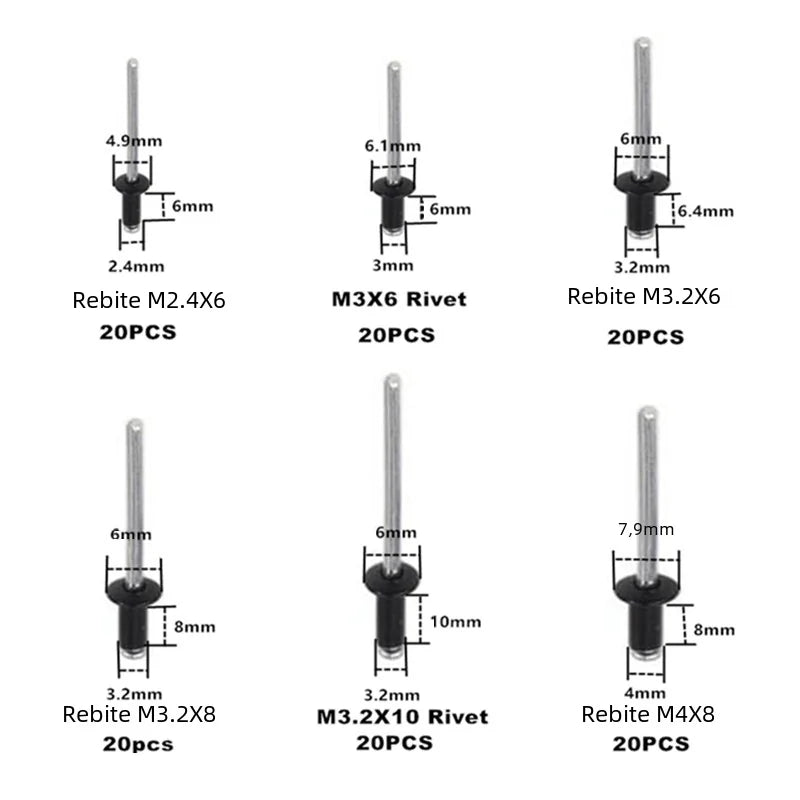 120PCS Black Aluminum Pop Rivets Set M2.4 M3.2 M4