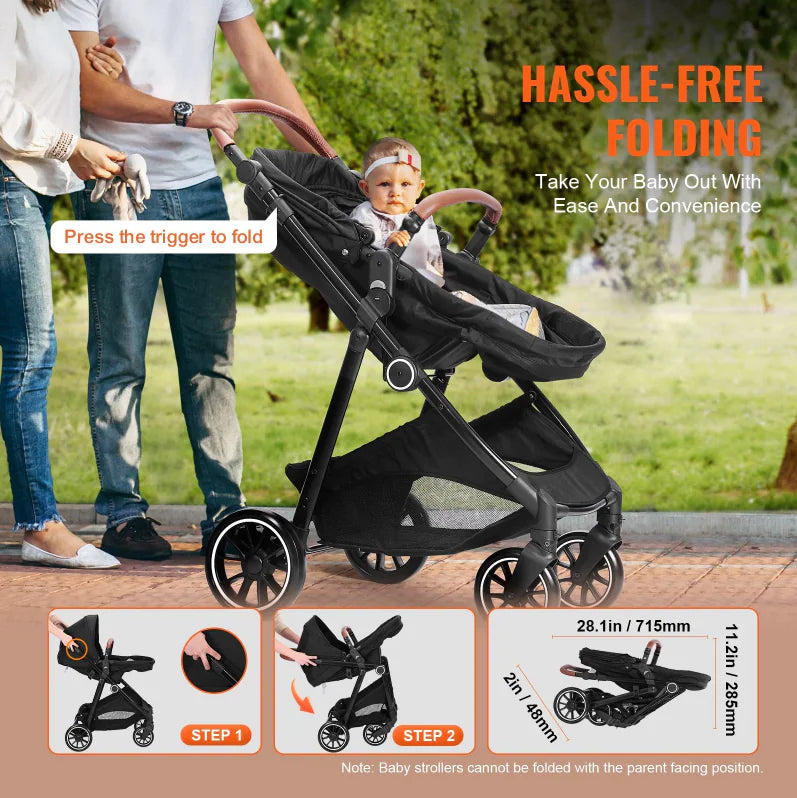 Deluxe Adjustable Baby Stroller with Bassinet - Black