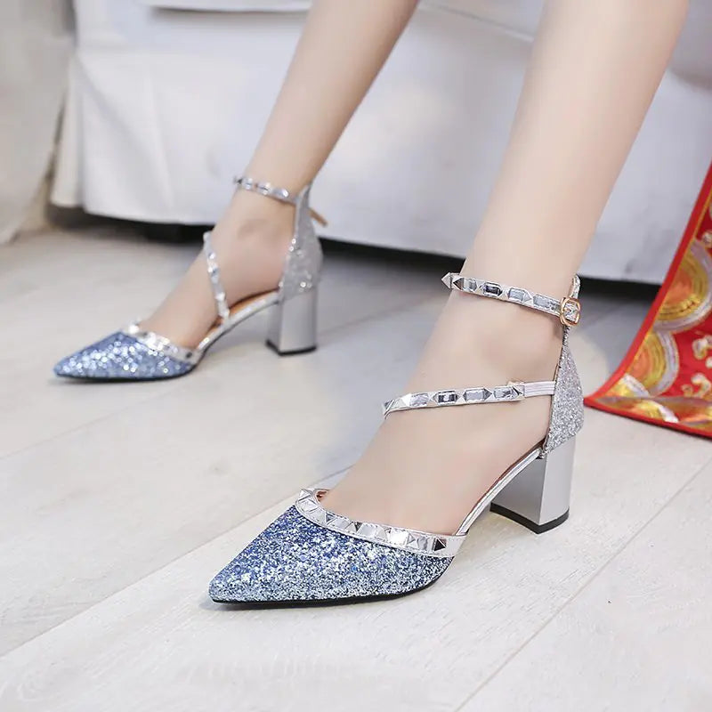 Summer Sequined Thick Heel Sexy Rivet Women's Heels