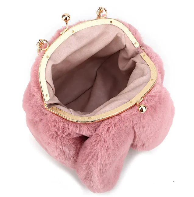 Plush Chain Ear Handbag for Kids – Cute Cartoon Faux Fur Shoulder Bag