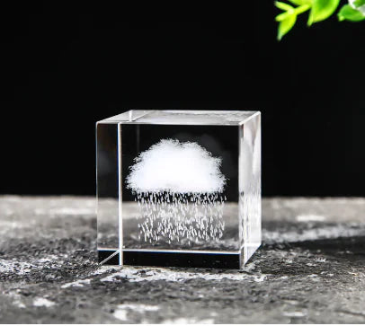 Crystal Cube with Inner Carving of Moon and Clouds