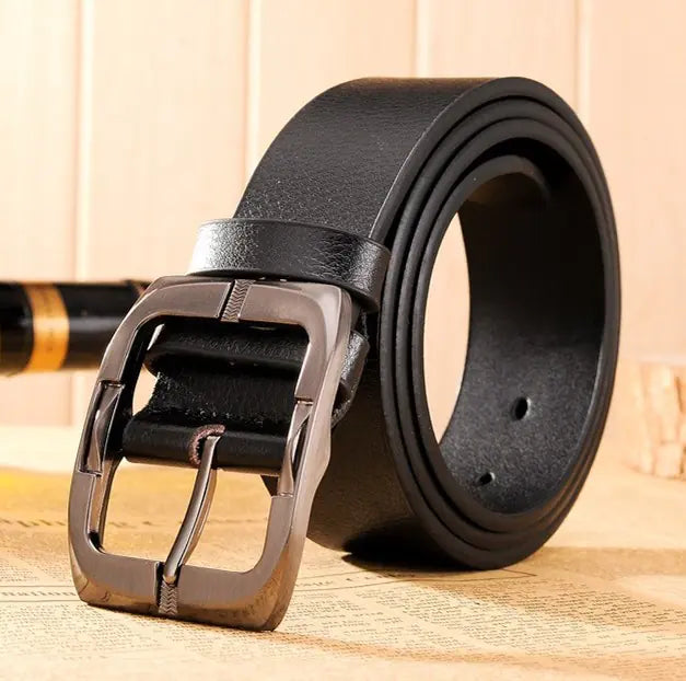 Black Leather Belt with Brown Buckle for Men
