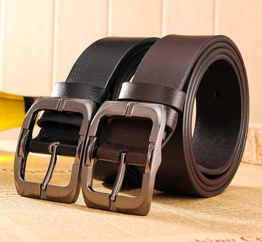 Black Leather Belt with Brown Buckle for Men