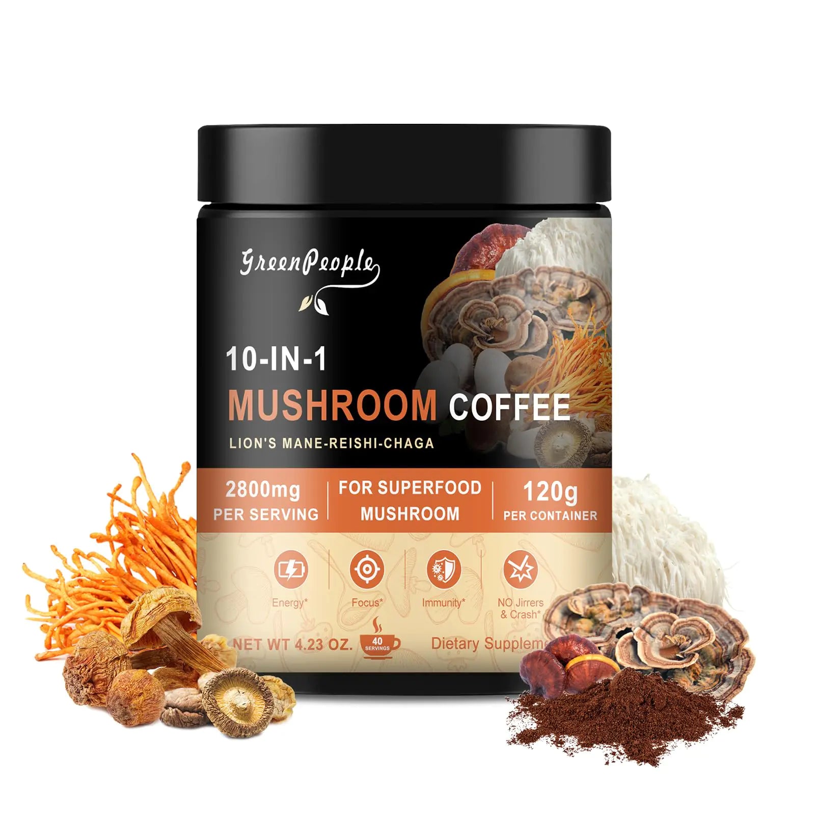 GREENPEOPLE Mushroom Coffee - 10 Adaptogenic Superfood Mushrooms with Lion’s Mane Shiitake Cordyceps & Turkey Tail Premium Arabica Instant Coffee for Energy Focus Digestion and Immunity 4.23 Oz
