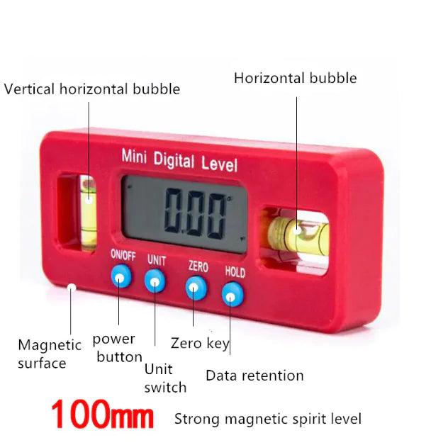 Mini Digital Electronic Spirit Level with Magnetic Base, 100mm, LCD Angle Protractor (Black/Red)
