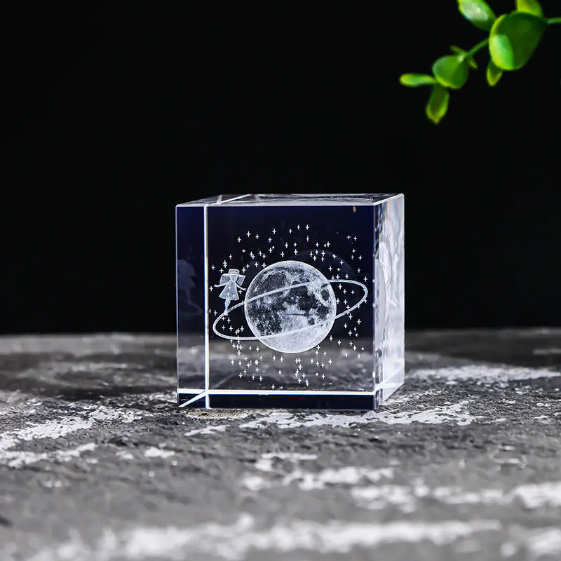 Crystal Cube with Inner Carving of Moon and Clouds