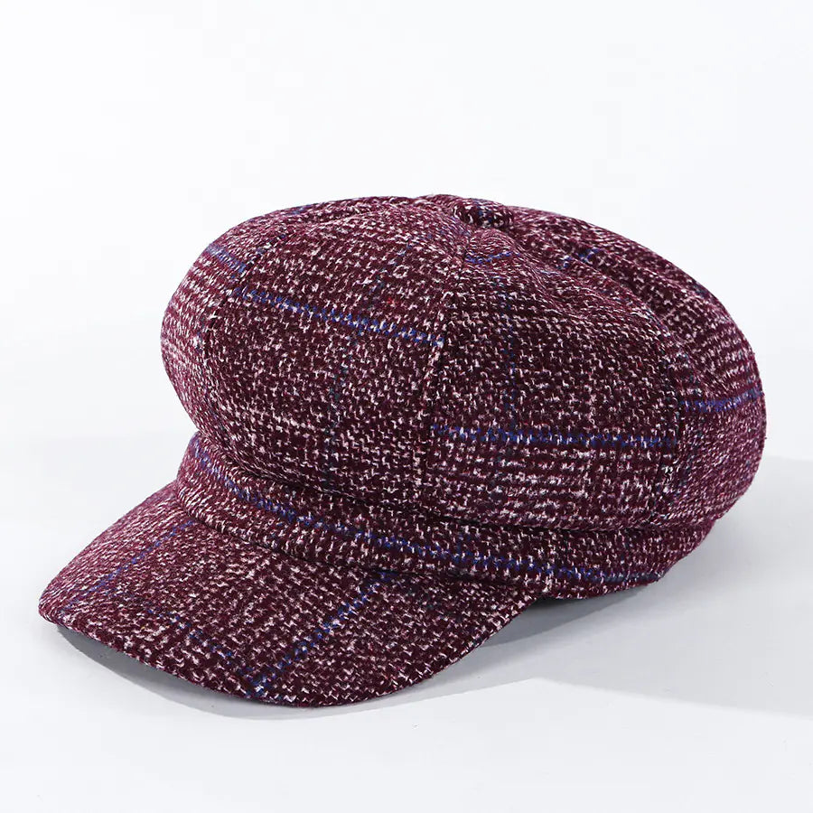 Thickened Plaid Woolen Octagonal Women's Cap
