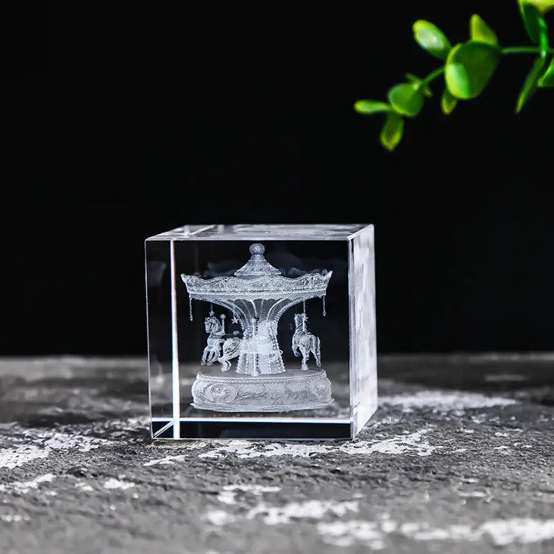 Crystal Cube with Inner Carving of Moon and Clouds