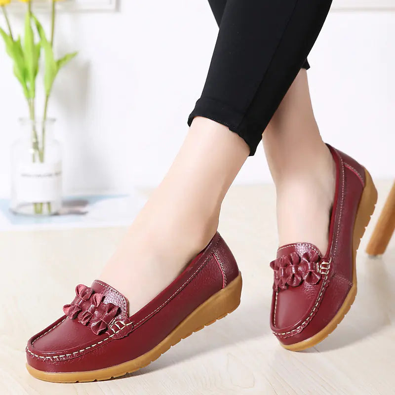 Genuine Leather Slip-On Flats with Bow for Women