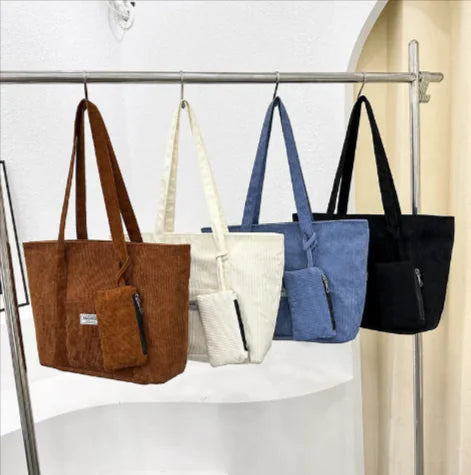 Corduroy Shoulder Bag with Mini Purse