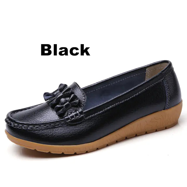 Genuine Leather Slip-On Flats with Bow for Women