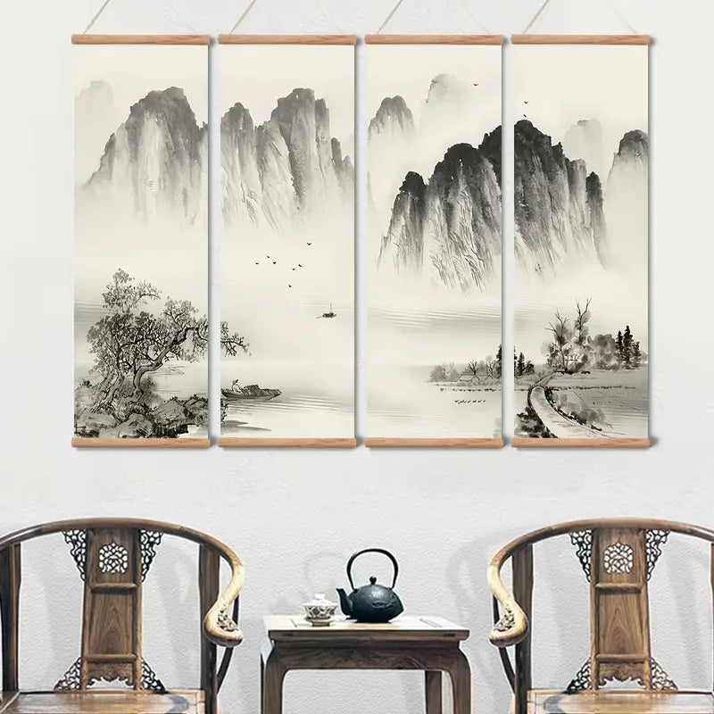 4-Piece Set Black and White Landscape Oil Paintings