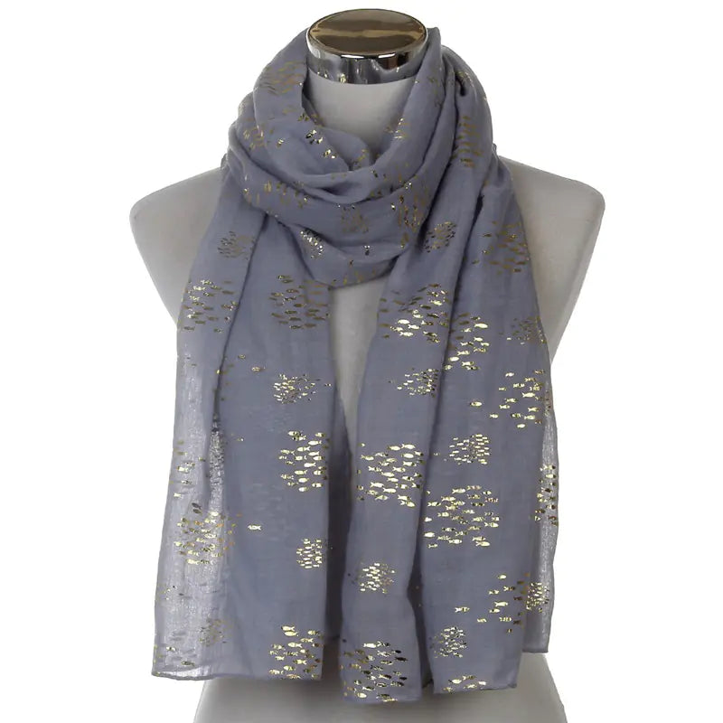 Metallic Fish Scarf for Women - Gold Foil Design