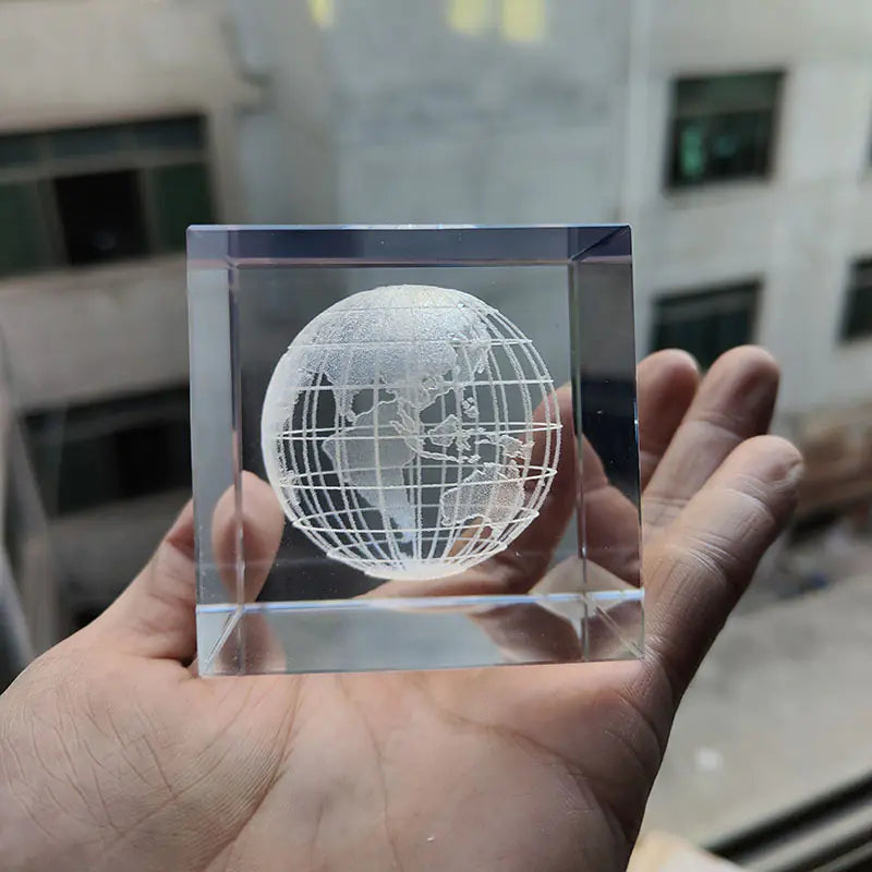 Crystal Cube with Inner Carving of Moon and Clouds