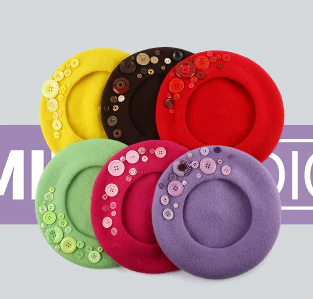 "Personalized Yupi Wool Beret with Colorful Buttons"