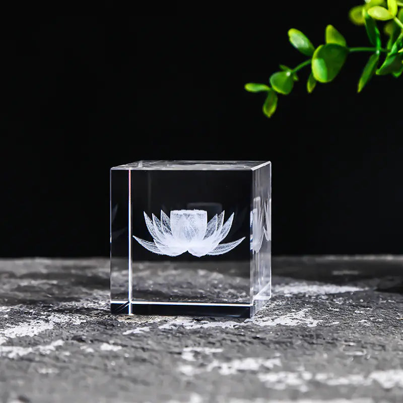 Crystal Cube with Inner Carving of Moon and Clouds