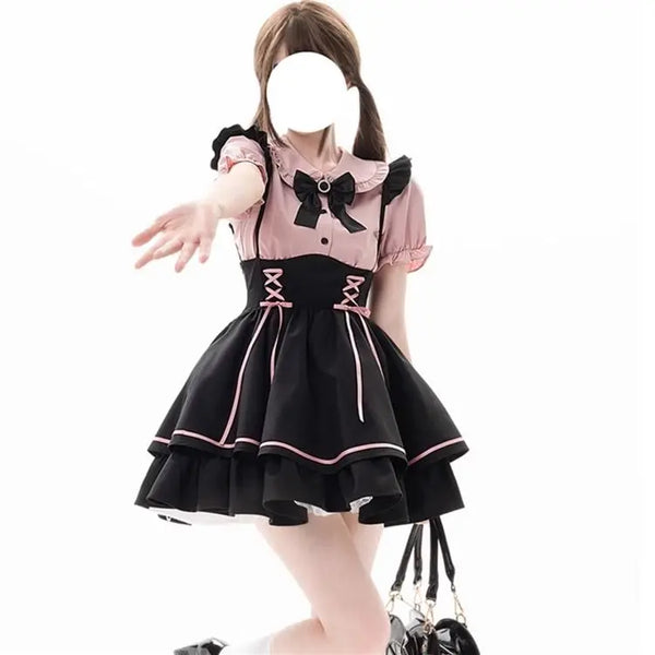 Sweet Lovely Lolita Dr Set Women's School Sle Princ Skirt irt Bib Overalls Two-Piece Set High Waist A-Line Summer D...