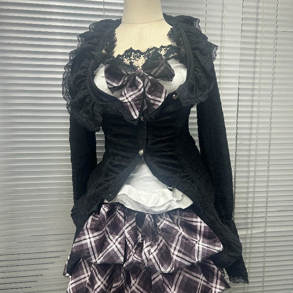 2025 Japanese Sweet Lolita Kawaii Dress Women Spring Printed Bow Fake Two Piece Dress Female Korea Style Design Party Clothing