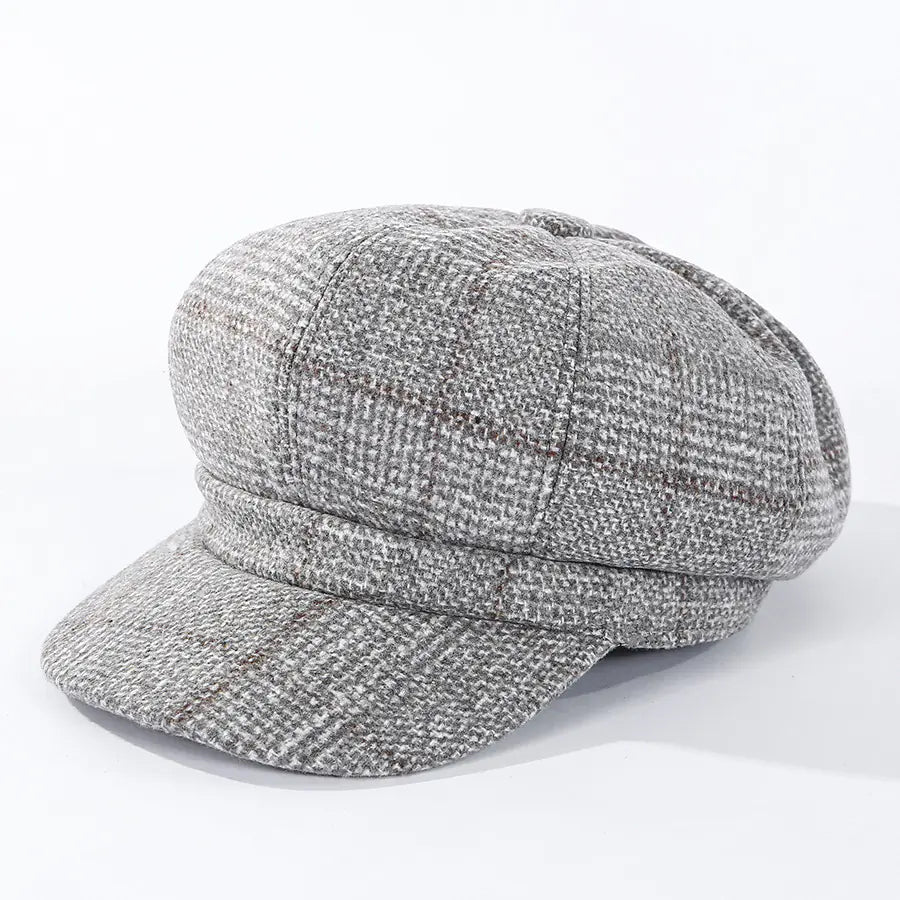 Thickened Plaid Woolen Octagonal Women's Cap