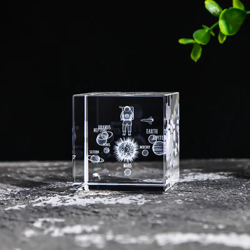 Crystal Cube with Inner Carving of Moon and Clouds