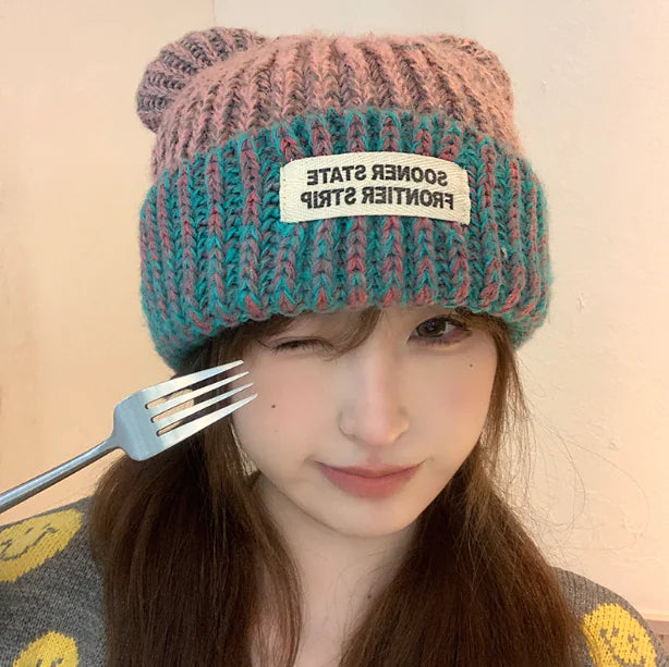 Women's Mixed Color Knitted Earmuffs Hat for Winter