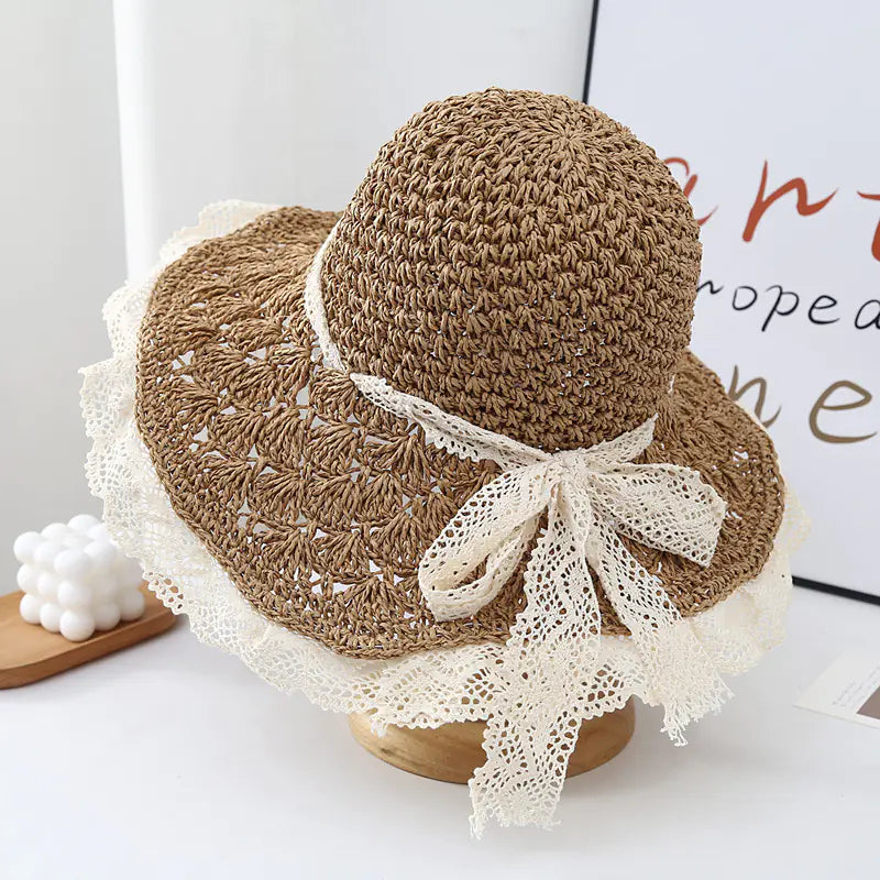 Women's Big Brim Beach Hat with Lace Strap and Bow