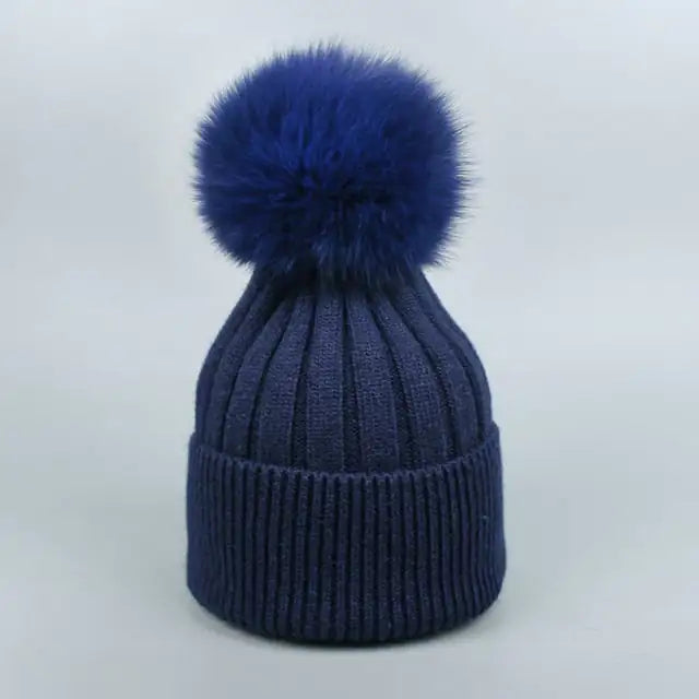 Warm Fox Fur Winter Hat with Ball for Women and Girls