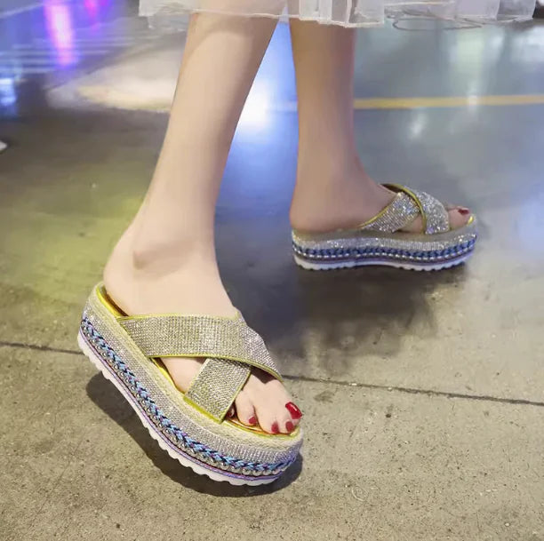Rhinestone Waterproof Platform Toe Women's Slippers