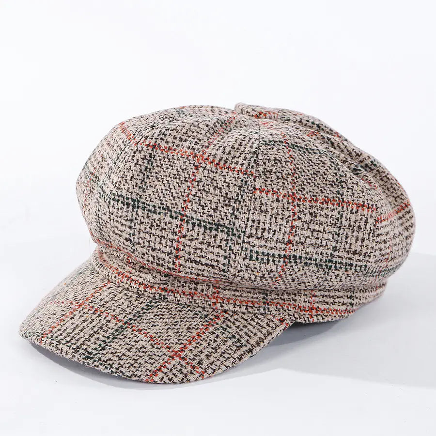 Thickened Plaid Woolen Octagonal Women's Cap