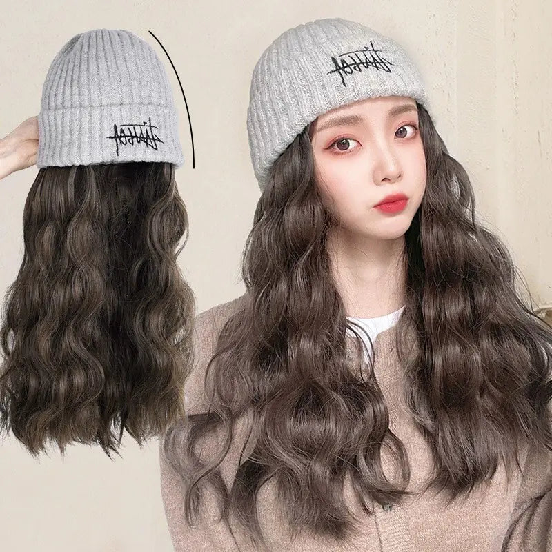 Embroidered Knitted One-Piece Hat Wig
