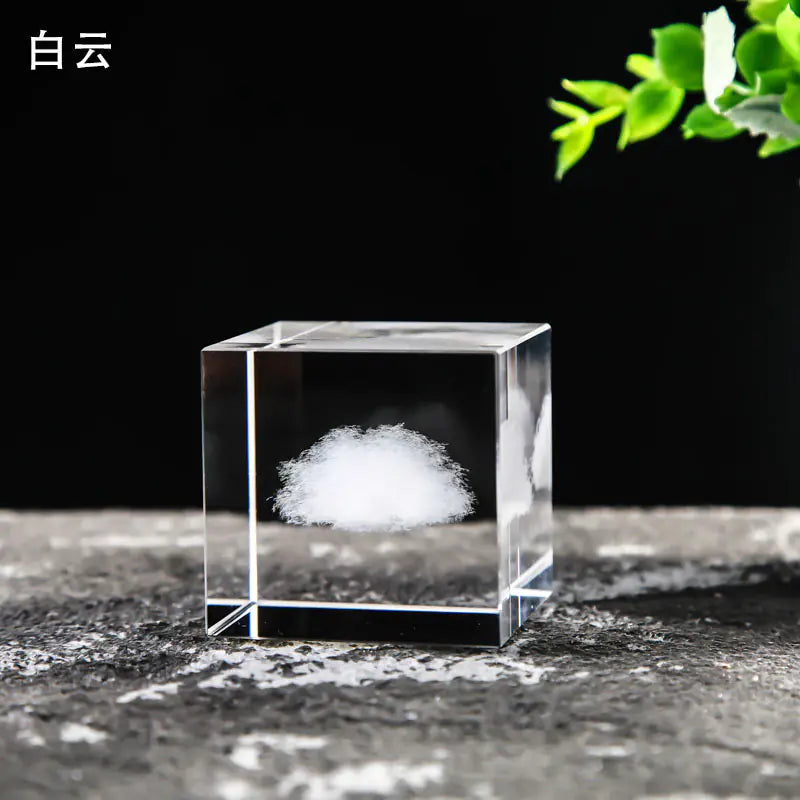Crystal Cube with Inner Carving of Moon and Clouds