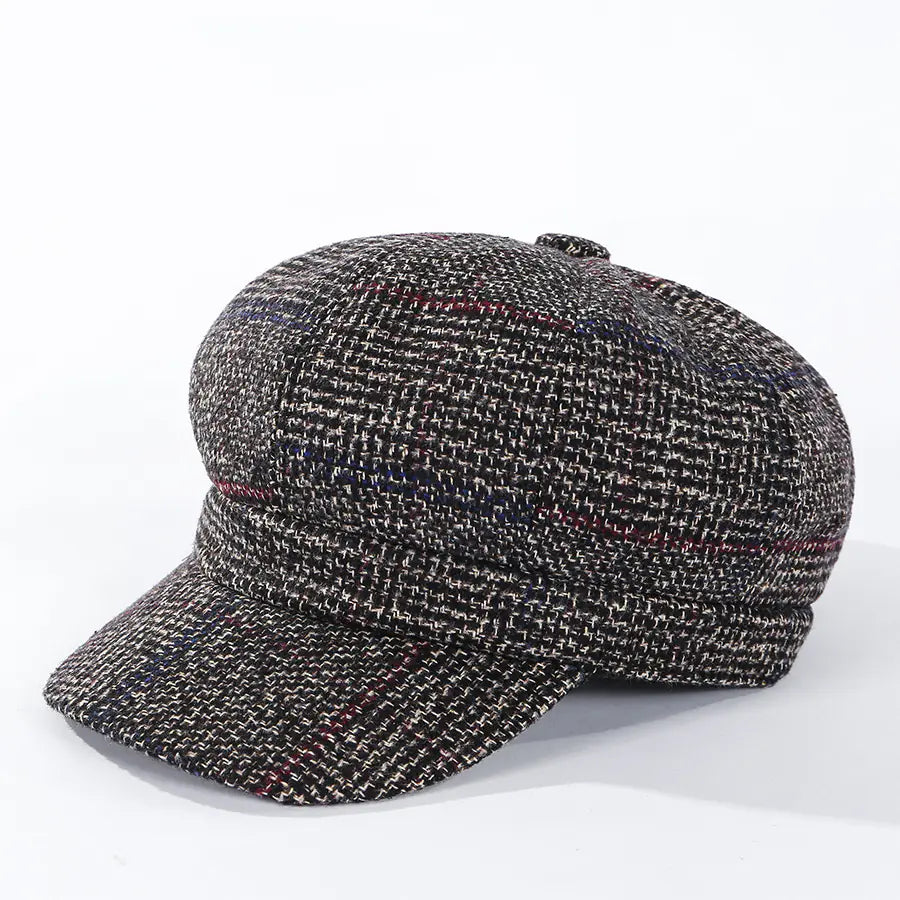 Thickened Plaid Woolen Octagonal Women's Cap