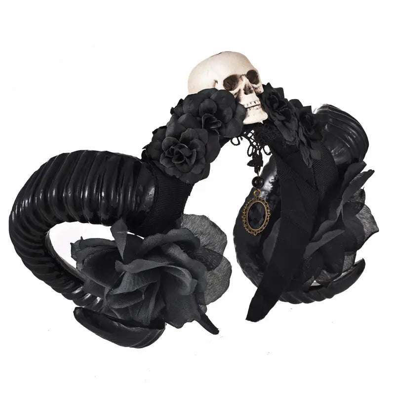 Gothic Black Flower Skull Horn Headband DIY Accessory