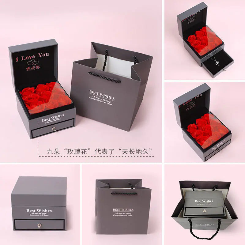 Light Blue Ribbon Jewelry Box with Rose Gift Set