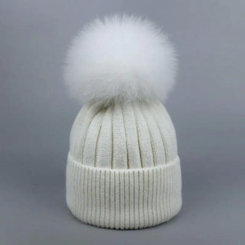Warm Fox Fur Winter Hat with Ball for Women and Girls