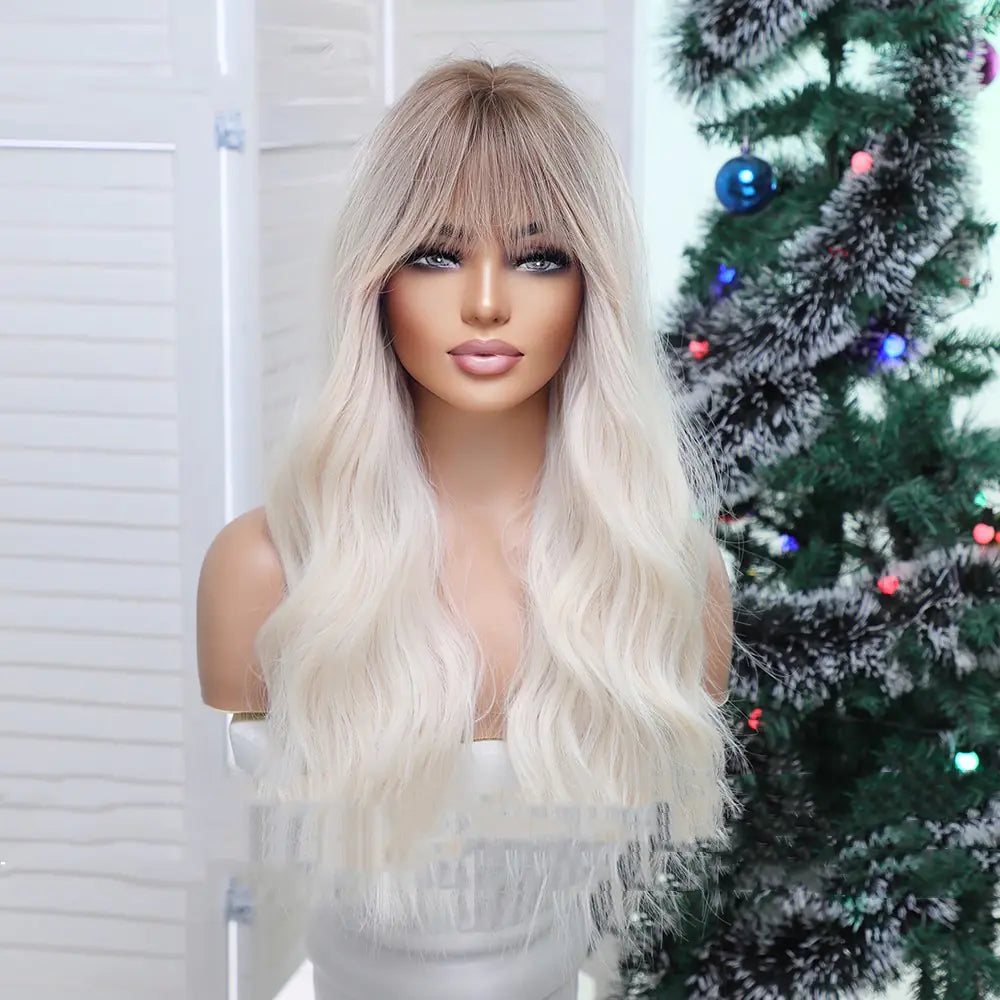 Qi Bangs Long Curly Blonde Brown Wig for Women