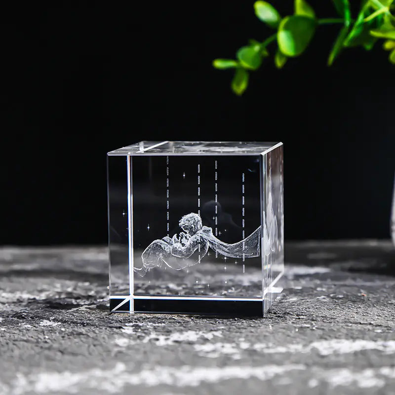 Crystal Cube with Inner Carving of Moon and Clouds
