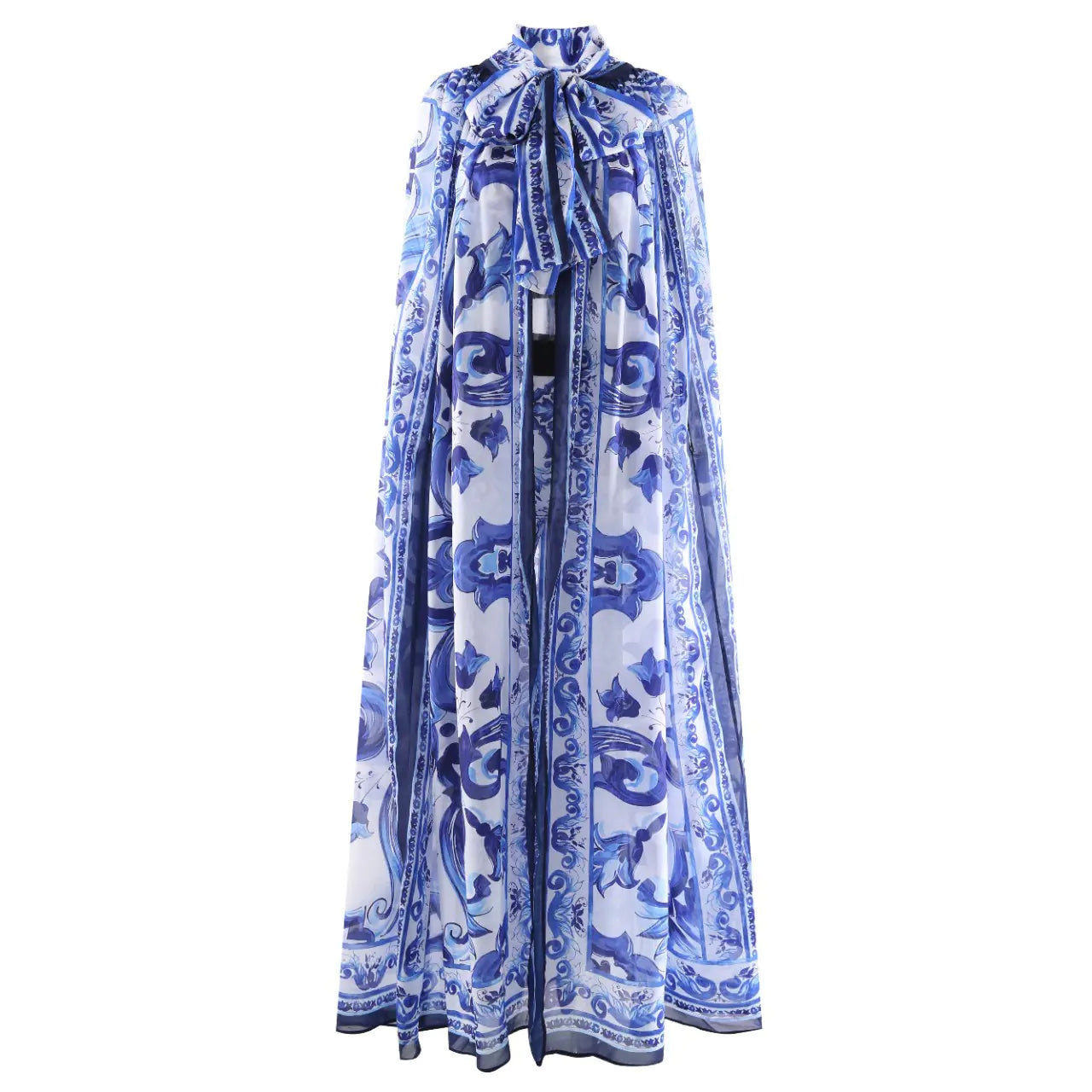 Fashion Queen Floral Porcelain Print Long Cloak Jacket