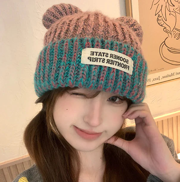Women's Mixed Color Knitted Earmuffs Hat for Winter