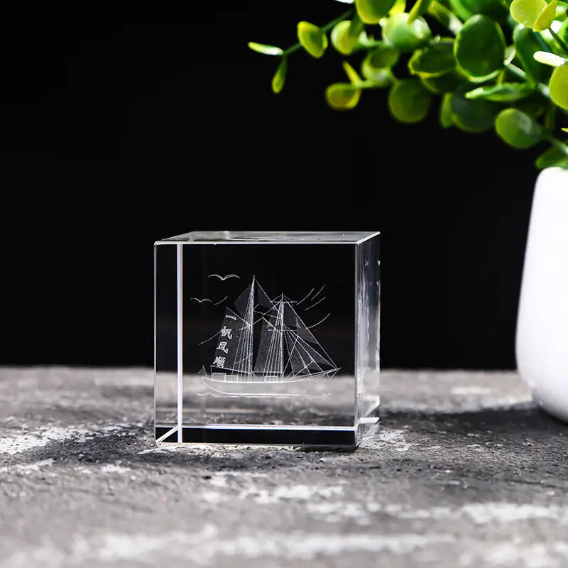 Crystal Cube with Inner Carving of Moon and Clouds